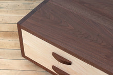 Load image into Gallery viewer, Heirloom Solid Wood Silverware Chest, Classic Dinnerware Storage, Small Tabletop Flatware Box, Contemporary Mid-Century Modern Kitchen or Dining Room Furniture with Lined Drawers. Two Tone Wood, Black Walnut and Maple with Custom Engraving Option. Handmade in Pennsylvania by James Becker. Free USA Shipping.