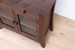 Contemporary Solid Wood Buffet, Kitchen or Dining Room Cabinet, Silverware and Dinnerware Storage, Classic Credenza, Traditional Sideboard with Glass Doors. Available in Cherry, Walnut or Antique/Reclaimed Chestnut with Custom Engraving Option. Handmade in Pennsylvania by James Becker. Free USA Shipping.
