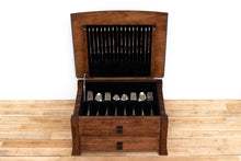 Load image into Gallery viewer, Handmade Solid Wood Silverware Chest, Classic Dinnerware Storage, Tabletop Flatware Box, Traditional Kitchen or Dining Room Furniture with Hinged Lid and Lined Drawer. Available in Cherry, Walnut or Antique/Reclaimed Chestnut with Custom Engraving Option.