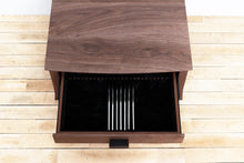 Load image into Gallery viewer, Heirloom Solid Wood Silverware Chest, Simple Modern Tabletop Flatware Box, Classic Dinnerware Storage, Contemporary Kitchen or Dining Room Furniture with Lined Drawers. Available in Cherry, Walnut or Antique/Reclaimed Chestnut with Custom Engraving Option. Handmade in Pennsylvania by James Becker. Free USA Shipping.
