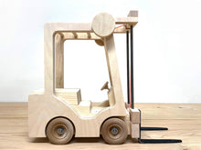 Load image into Gallery viewer, Toy Forklift, Industrial Quality, made from wood and steel, and lifetime durable components.This is a real toy; engaging, realistic, with a simple mechanical device to raise and lower the forks. It is designed with &quot;unbreakable&quot; as a key feature