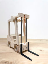 Load image into Gallery viewer, Toy Forklift, Industrial Quality, made from wood and steel, and lifetime durable components.This is a real toy; engaging, realistic, with a simple mechanical device to raise and lower the forks. It is designed with &quot;unbreakable&quot; as a key feature