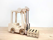 Load image into Gallery viewer, Toy Forklift, Industrial Quality, made from wood and steel, and lifetime durable components.This is a real toy; engaging, realistic, with a simple mechanical device to raise and lower the forks. It is designed with &quot;unbreakable&quot; as a key feature