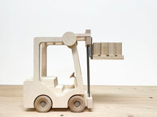 Load image into Gallery viewer, Toy Forklift, Industrial Quality, made from wood and steel, and lifetime durable components.This is a real toy; engaging, realistic, with a simple mechanical device to raise and lower the forks. It is designed with &quot;unbreakable&quot; as a key feature