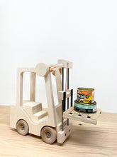 Load image into Gallery viewer, Toy Forklift, Industrial Quality, made from wood and steel, and lifetime durable components.This is a real toy; engaging, realistic, with a simple mechanical device to raise and lower the forks. It is designed with &quot;unbreakable&quot; as a key feature