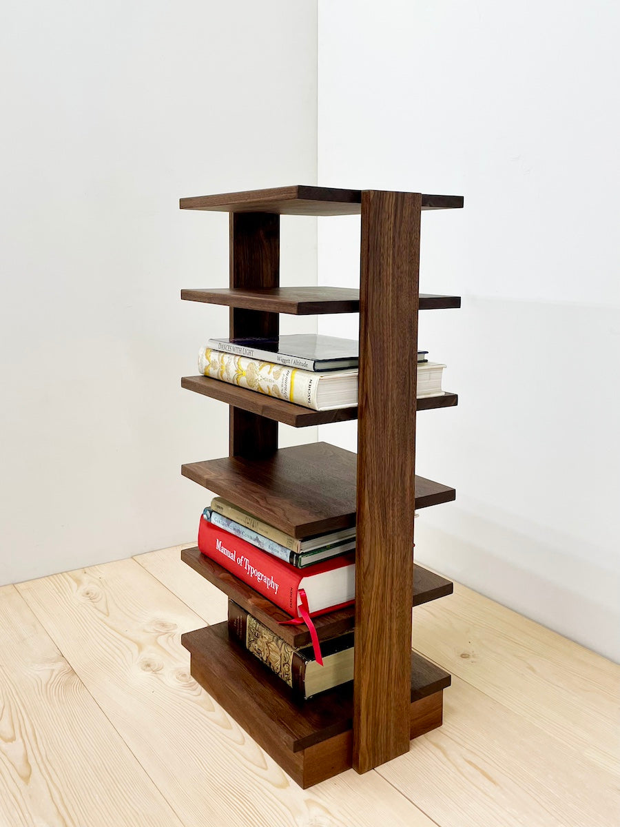 End Table Bookshelf, Bookcase, Book Rack, Compact Organizer, Side or End Table, Lamp Stand with 4, 5 or 6 tiered shelves. Traditional Living Room or Bedroom Furniture made of Solid Walnut Wood. Handmade in Pennsylvania by James Becker. Free USA Shipping.