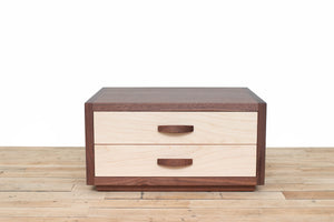 Heirloom Solid Wood Silverware Chest, Classic Dinnerware Storage, Small Tabletop Flatware Box, Contemporary Mid-Century Modern Kitchen or Dining Room Furniture with Lined Drawers. Two Tone Wood, Black Walnut and Maple with Custom Engraving Option. Handmade in Pennsylvania by James Becker. Free USA Shipping.