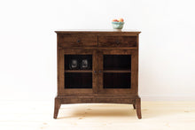 Load image into Gallery viewer, Handmade Contemporary Solid Wood Buffet, Kitchen or Dining Room Cabinet, Silverware and Dinnerware Storage, Classic Credenza, Traditional Sideboard with Glass Doors. Available in Cherry, Walnut or Antique/Reclaimed Chestnut with Custom Engraving Option. 