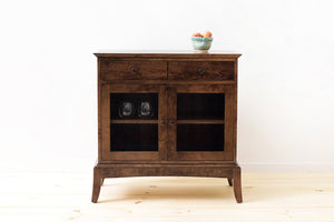 Handmade Contemporary Solid Wood Buffet, Kitchen or Dining Room Cabinet, Silverware and Dinnerware Storage, Classic Credenza, Traditional Sideboard with Glass Doors. Available in Cherry, Walnut or Antique/Reclaimed Chestnut with Custom Engraving Option. 