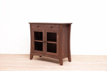 Load image into Gallery viewer, Contemporary Solid Wood Buffet, Kitchen or Dining Room Cabinet, Silverware and Dinnerware Storage, Classic Credenza, Traditional Sideboard with Glass Doors. Available in Cherry, Walnut or Antique/Reclaimed Chestnut with Custom Engraving Option. Handmade in Pennsylvania by James Becker. Free USA Shipping.