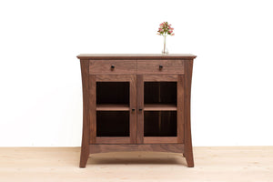 Contemporary Solid Wood Buffet, Kitchen or Dining Room Cabinet, Silverware and Dinnerware Storage, Classic Credenza, Traditional Sideboard with Glass Doors. Available in Cherry, Walnut or Antique/Reclaimed Chestnut with Custom Engraving Option. Handmade in Pennsylvania by James Becker. Free USA Shipping.