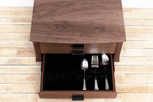 Heirloom Solid Wood Silverware Chest, Simple Modern Tabletop Flatware Box, Classic Dinnerware Storage, Contemporary Kitchen or Dining Room Furniture with Lined Drawers. Available in Cherry, Walnut or Antique/Reclaimed Chestnut with Custom Engraving Option. Handmade in Pennsylvania by James Becker. Free USA Shipping.