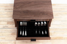 Load image into Gallery viewer, Heirloom Solid Wood Silverware Chest, Simple Modern Tabletop Flatware Box, Classic Dinnerware Storage, Contemporary Kitchen or Dining Room Furniture with Lined Drawers. Available in Cherry, Walnut or Antique/Reclaimed Chestnut with Custom Engraving Option. Handmade in Pennsylvania by James Becker. Free USA Shipping.