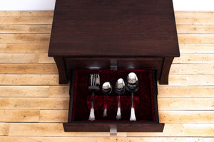 Handmade Solid Wood Silverware Chest, Classic Dinnerware Storage, Tabletop Flatware Box, Traditional Kitchen or Dining Room Furniture with Hinged Lid and Lined Drawers. Available in Cherry, Walnut or Antique/Reclaimed Chestnut with Custom Engraving Option.